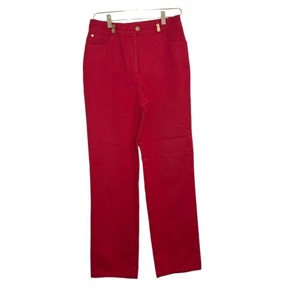 St John Sport High Rise Pants Women's 6 Red Pockets Gold Hardware Festive